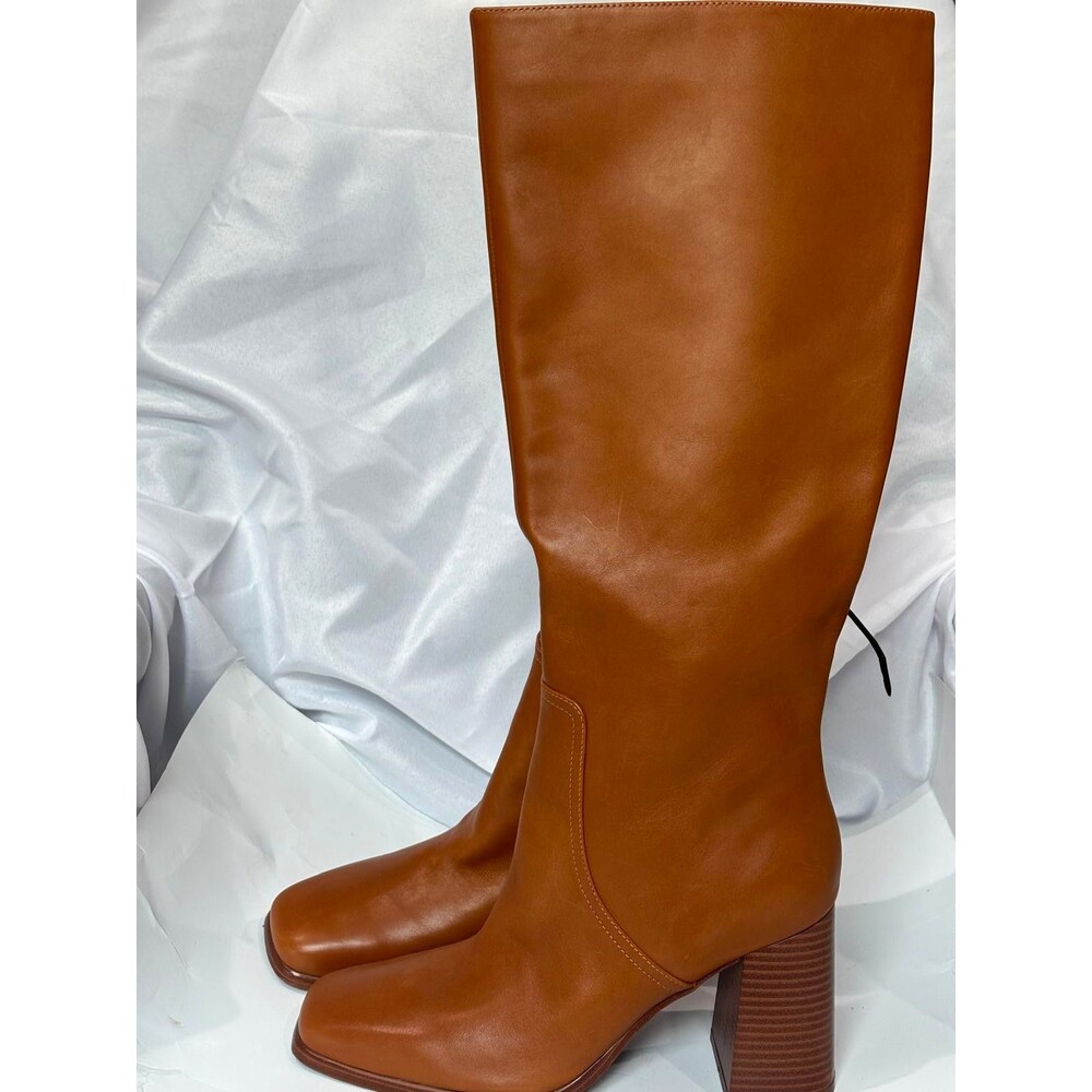 Marc Fisher Women’s Knee High Boots Size 8.5M Cognac Brown Square Toe Block Heel